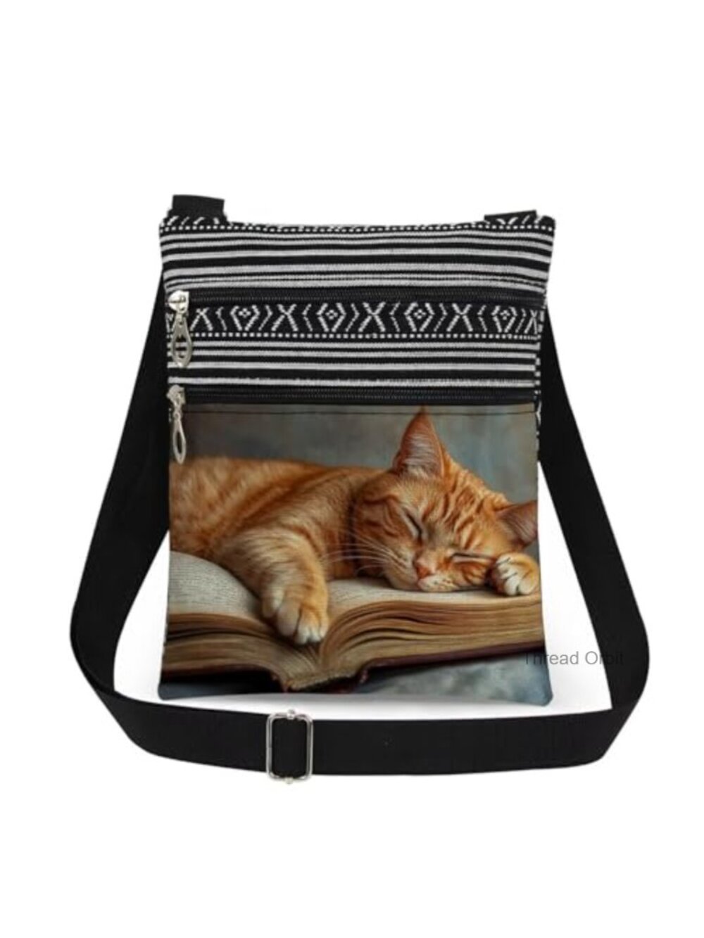 Polyester Crossbody Bag Cat Print Adjustable Strap Double Zipper